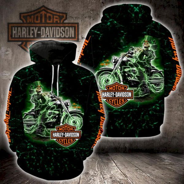 Harley-Davidson Skull Leprechaun Hat Hoodie for St. Patrick’s Day with Neon Green Design