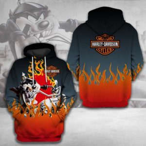 Harley-Davidson Fire & Flames Hoodie with Cartoon Character – Bold Biker Style Sweatshirt