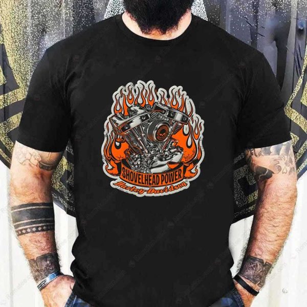 Harley Davidson Flaming Shovelhead Power T-Shirt, Bold Black Motorcycle Tee