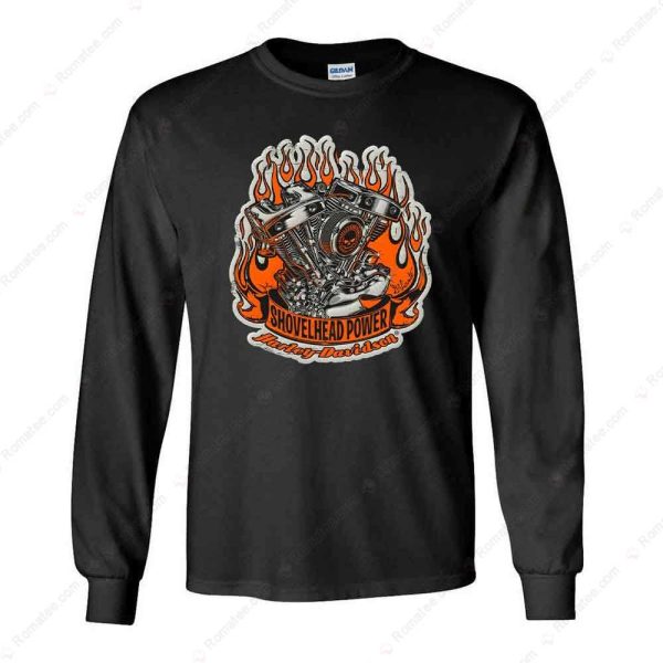 Harley Davidson Flaming Shovelhead Power T-Shirt, Bold Black Motorcycle Tee