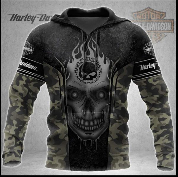 Harley-Davidson Skull Camo Hoodie – Edgy Design for Motorcycle Enthusiasts