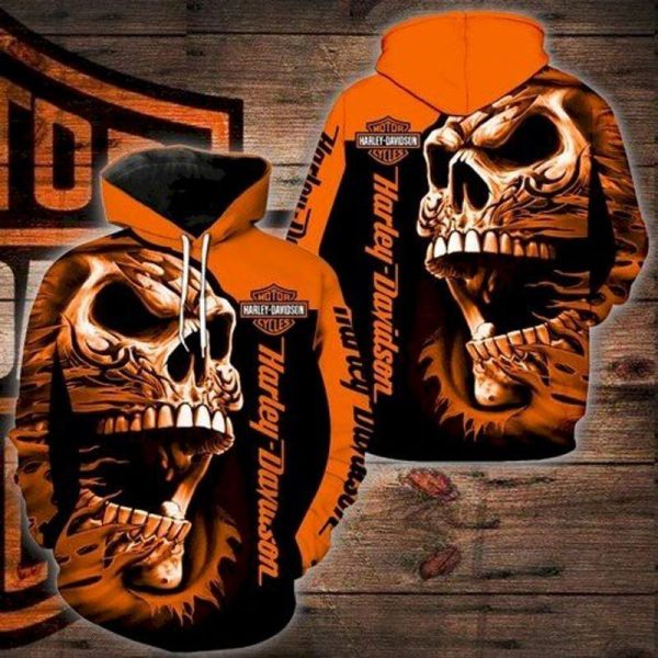 Harley-Davidson Skull Graphic Hoodie – Edgy Biker Style with Bold Orange & Black Design