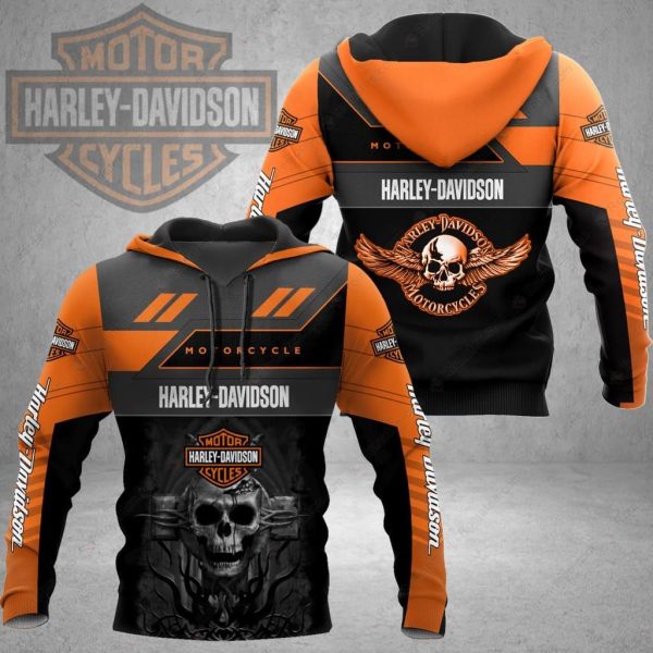 Harley-Davidson Skull Graphic Shirt, Harley-Davidson Orange and Black Hoodie