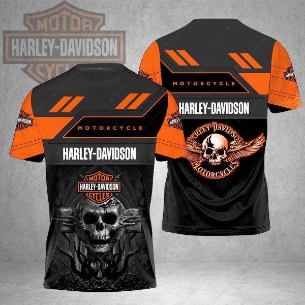 Harley-Davidson Skull Graphic Shirt, Harley-Davidson Orange and Black Hoodie