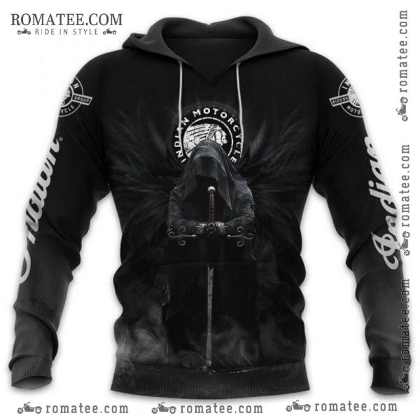 Hooded Sweatshirt with Grim Reaper Art and Indian Motorcycle Logo