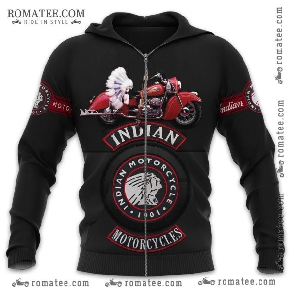 Indian Motorcycle 1901 Logo Hoodie with Red Bike and Feather Headdress Design