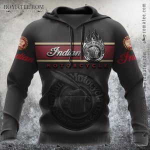 Indian Motorcycle Black Hoodie with Native American Chief Logo and Red Beige Stripe Design