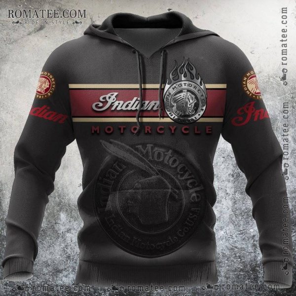 Indian Motorcycle Black Hoodie with Native American Chief Logo and Red Beige Stripe Design