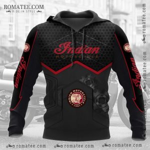 Indian Motorcycle Black and Red Hoodie with Honeycomb and Gear Graphics