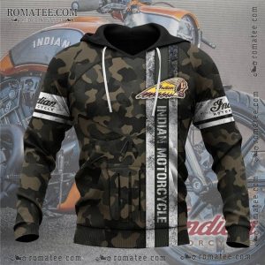 Indian Motorcycle Camo Hoodie with Vintage Logo and Striped Design for Bikers