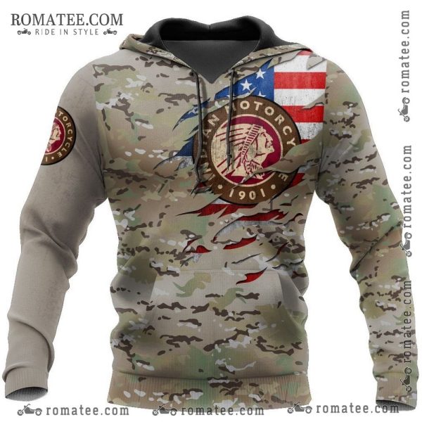 Indian Motorcycle Camouflage Hoodie with American Flag and Native American Emblem