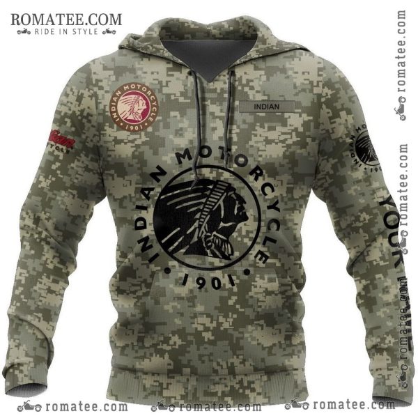 Indian Motorcycle Camouflage Hoodie with Native American Chief Emblem