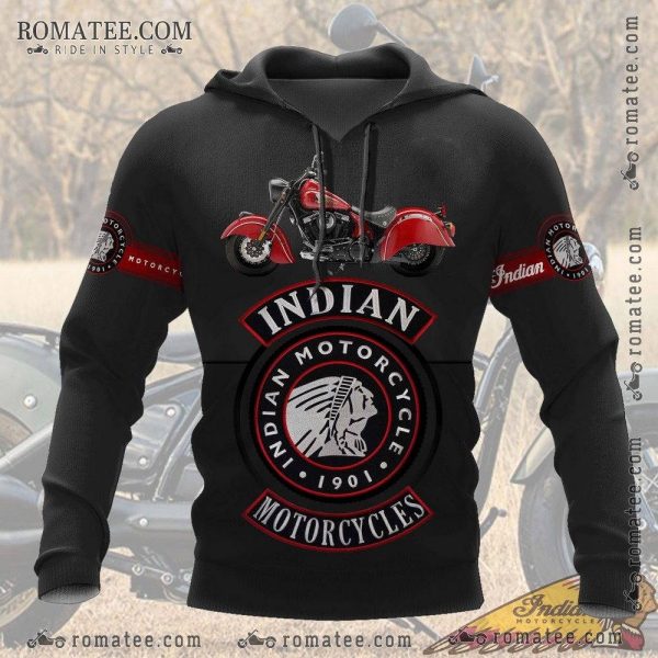 Indian Motorcycle Vintage Hoodie with Classic Red Bike Graphic and Iconic Logo Design