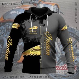 Indian Motorcycle Custom Hoodie with Gold Graphics and Urban Design