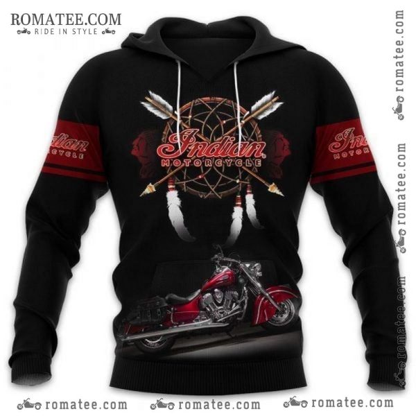 Indian Motorcycle Dreamcatcher Hoodie with Red Bike and Feather Design