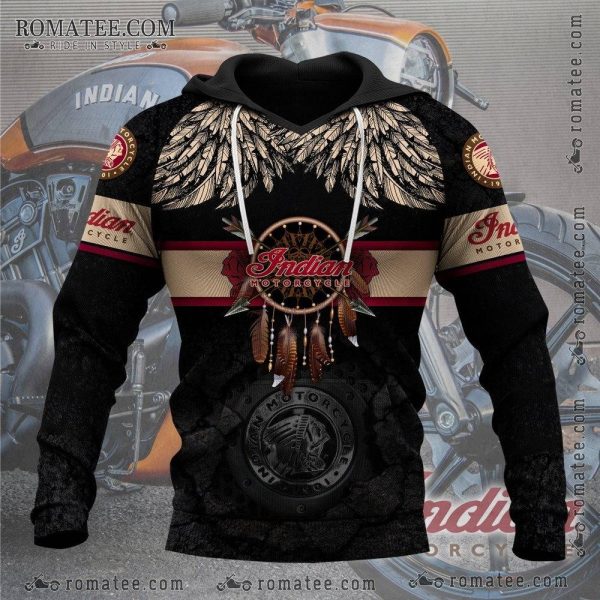 Indian Motorcycle Dreamcatcher Hoodie with Tribal Feather Art and Vintage Logo Design