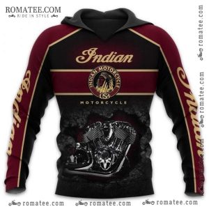 Indian Motorcycle Engine Graphic Hoodie – Black and Maroon with Gold Accents