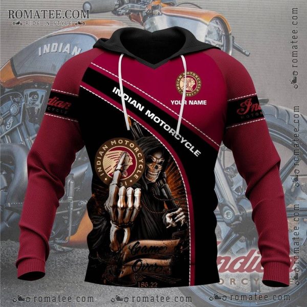 Indian Motorcycle Game Over Hoodie with Skull Art and Customizable Name