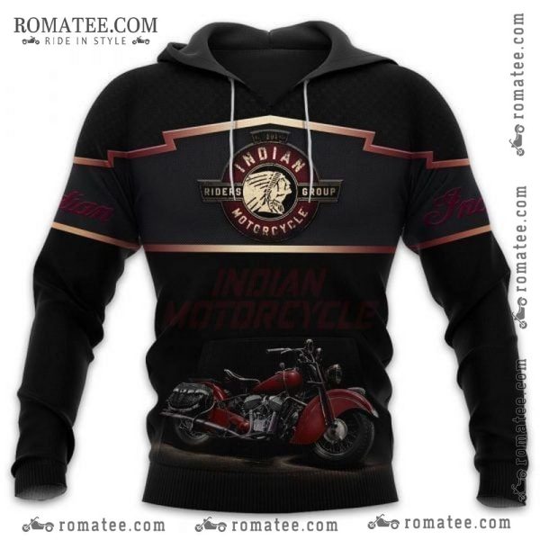 Indian Motorcycle Graphic Hoodie with Vintage Bike Art and Riders Group Emblem