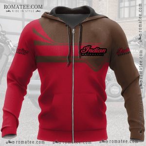 Indian Motorcycle Graphic Two-Tone Hoodie – Red and Brown Zip-Up Design