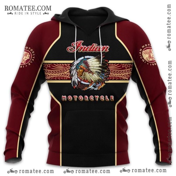 Indian Motorcycle Headdress Graphic Hoodie – Native American Design, Maroon and Black