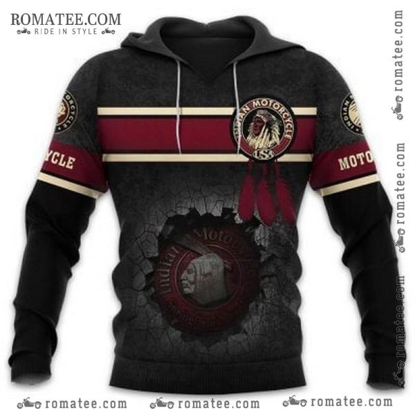 Indian Motorcycle Hoodie with Feather Design, Vintage Style, Black and Red, Romatee.com