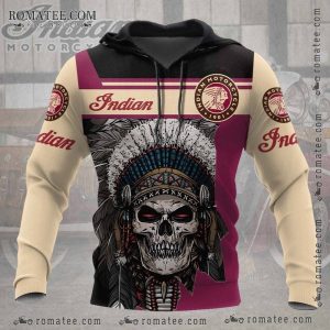 Indian Motorcycle Hoodie with Native American Headdress Design, Vintage Style, Beige and Maroon