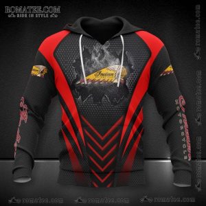 Indian Motorcycle Hoodie with Red and Black Geometric Design, Smoke Effect, and Logo Graphics