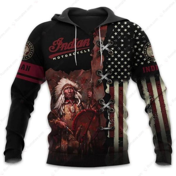 Indian Motorcycle Native American Chief And US Flag Hoodie, Motorcycle Patriotic Warrior Graphic Hoodie