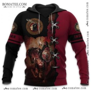 Indian Motorcycle Native American Warrior Lace-Up Hoodie – Black & Maroon with Metal Eyelets