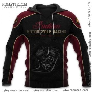 Indian Motorcycle Racing Engine Hoodie – Vintage Style Design, Black and Maroon with Patches