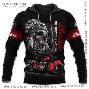 Indian Motorcycle Racing Skull Hoodie with Vintage Red Bike Design