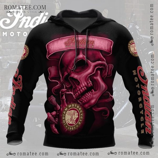 Indian Motorcycle Skull Art Hoodie with Vintage Logo Design for Bikers