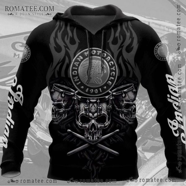 Indian Motorcycle Skull Drums Hoodie – Tribal Flames, Crossed Drumsticks, 1901 Emblem