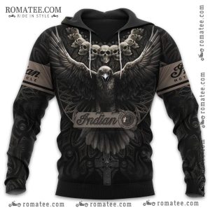 Indian Motorcycle Skull Eagle Hoodie with Raven and Cross Design