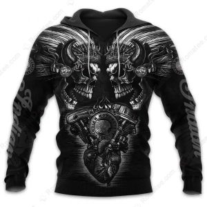 Indian Motorcycle Skull Engine Heart Graphic Hoodie, Gothic Wings and Vintage Motorcycle Graphics