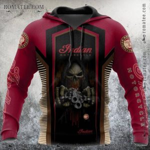 Indian Motorcycle Skull Engine Hoodie – Dark Red, Black, Beige Biker Design, Edgy Apparel