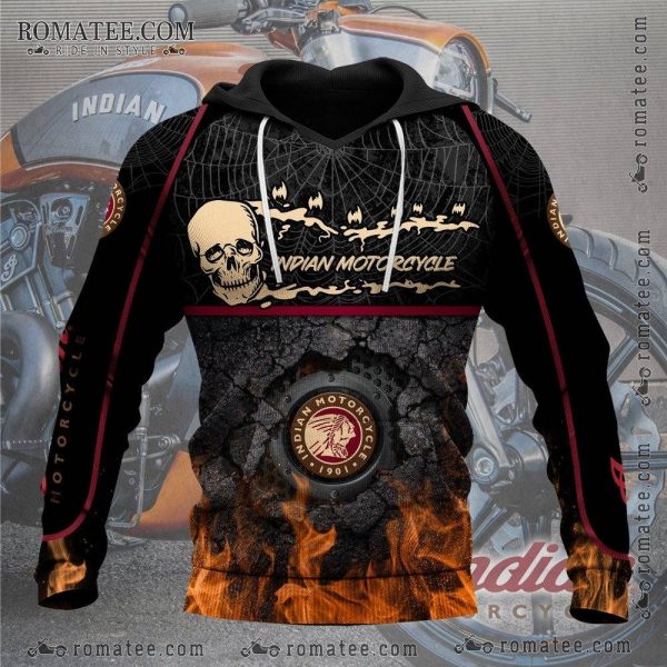 Indian Motorcycle Skull Flames Hoodie – Spider Web and Bat Design