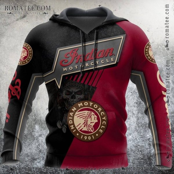 Indian Motorcycle Skull Graphic Hoodie with Bold Red and Black Design