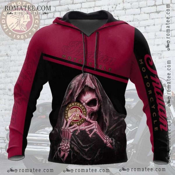 Indian Motorcycle Skull Graphic Hoodie with Dark Art and Vintage Logo Design