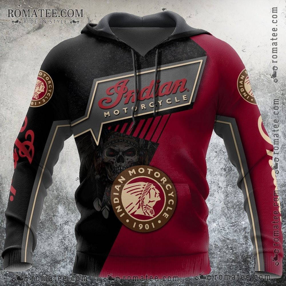 Indian Motorcycle Skull Graphic Hoodie with Vintage Style Design and Bold Color Contrast
