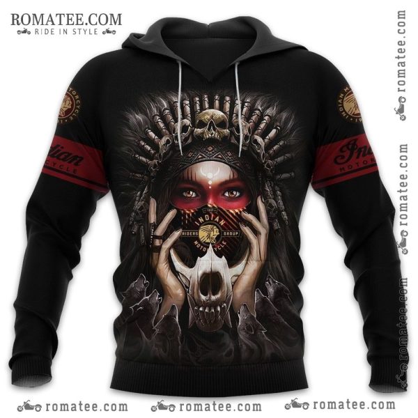 Indian Motorcycle Skull Headdress Hoodie with Wolf Pack Design