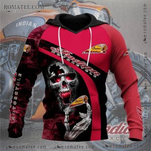 Indian Motorcycle Skull Hoodie – Gothic Biker Apparel with Red and Black Design