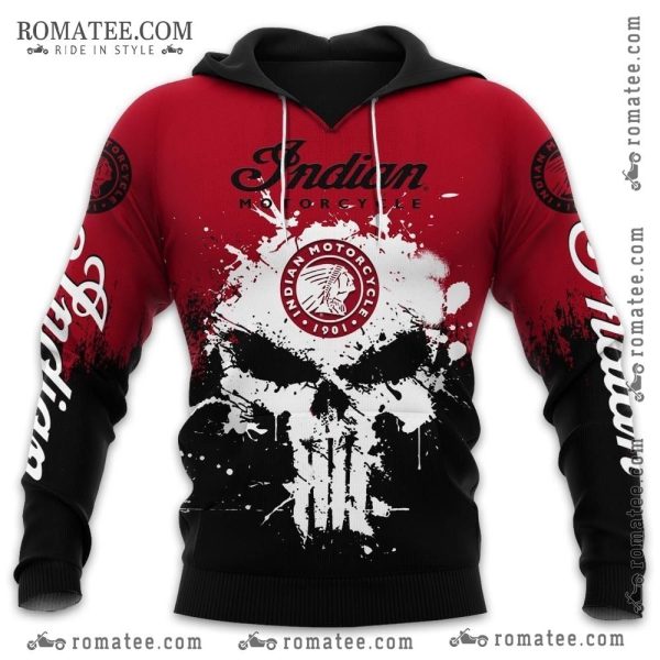 Indian Motorcycle Skull Hoodie – Red and Black Splatter Design, 1901 Logo, Biker Apparel