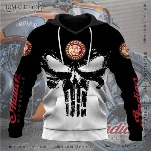 Indian Motorcycle Skull Hoodie – Rugged Biker Apparel, Distressed Skull Design, Native American Chief Logo