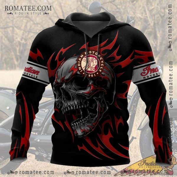 Indian Motorcycle Skull Hoodie with Red Flames and Logo Design