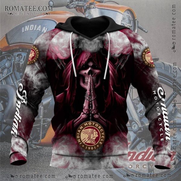 Indian Motorcycle Skull Reaper Hoodie – Gothic Biker Art, Smoke Effect, Praying Skeleton Design