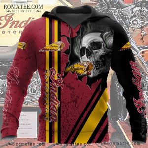 Indian Motorcycle Skull Smoke Hoodie – Red, Black, Yellow Stripes, Distressed Texture