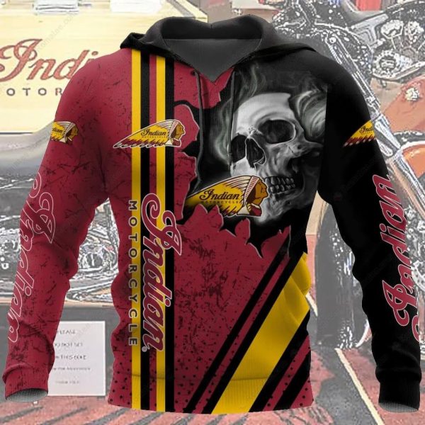 Indian Motorcycle Smoke Skull Hoodie, Red, Yellow and Black 3D Graphic Biker Design