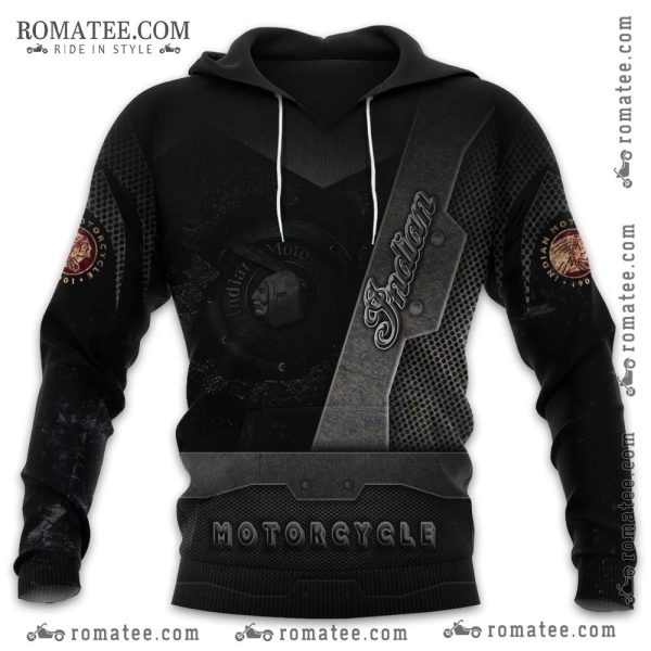 Indian Motorcycle Themed Black Hoodie with Leather Strap Design